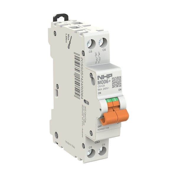 NHP MOD6+ Miniature Circuit Breaker MCB 6kA 1 Pole plus 1 Pole 6A C Curve
