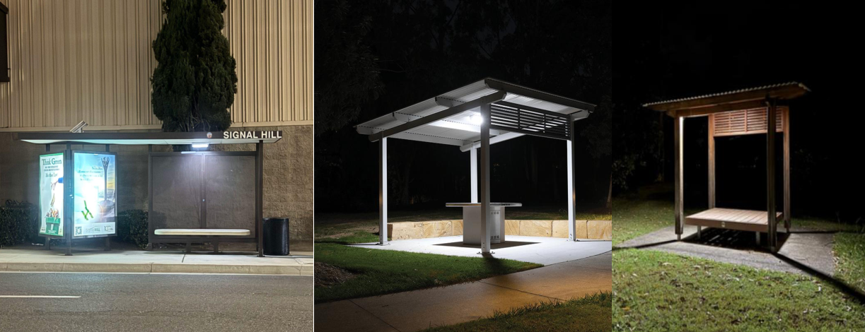 Solar lighting application examples showing illuminated bus and outdoor dining shelters at night
